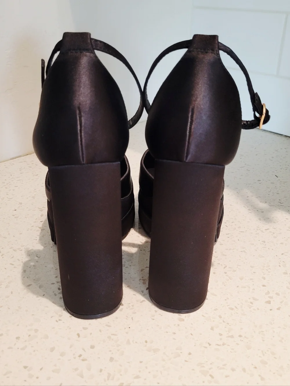 Dream Pairs Black Satin Platform Block Heels with Ankle Strap | Size 9
